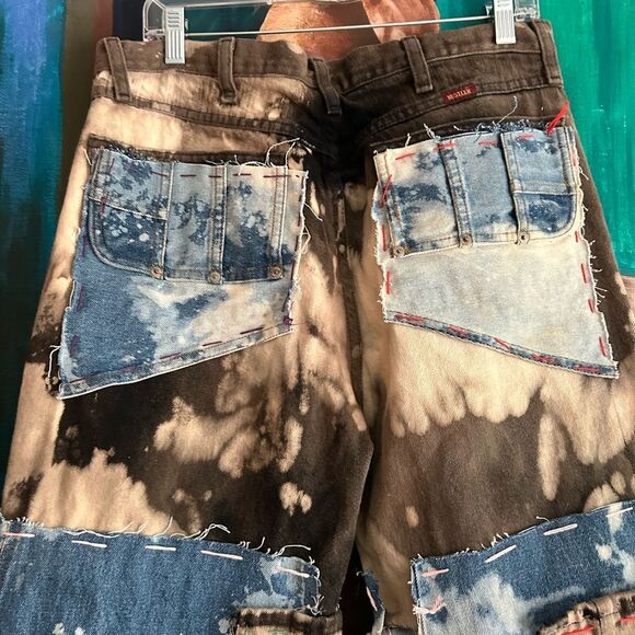Upcycled Frayed Patchwork Jeans – 34" Waist Handmade Streetwear Pants Wide Leg - Picture 13 of 16